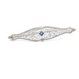 Antique 14K White Gold Edwardian Lab Created Sapphire Filigree Brooch